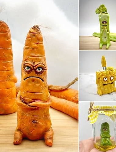  figurine de carotte grincheuse, cornichon hurlant, joli copain de brocoli céleri de soutien émotionnel fait à la main, sculpture miniature de maïs effrayant pour la décoration de bureau à domicile