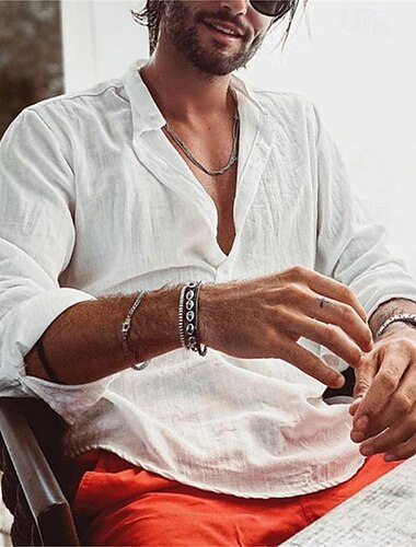  Voor heren Overhemd Popover-shirt Zomer overhemd Normaal shirt Strand hemd Zwart Wit Lichtgroen Licht Blauw Lange mouw Effen Band Kraag Vakantie Hawaii Button-omlaag Kleding Katoen Katoenmix Modieus