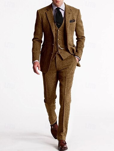  Herrenanzug aus Tweed mit Fischgrätenmuster, 3-teilig, Vintage, Retro, Übergröße, einfarbig, maßgeschneidert, einreihig, zwei Knöpfe, Braun, Burgunderrot, Dunkelmarineblau, Grün, Herbst/Winter
