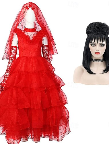 beetlejuice ghost morsian lydia deetz mekko cosplay puku naamiainen aikuisten naisten mekot halloween juhlat karnevaali naamiaiset puvut mardi gras puku peruukit
