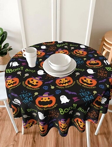  Runde Halloween-Tischdecke mit O'Lantern-Kürbissen, Geistern, gruseliger Küchendekoration, Buh-Geister-Tischdecken, 60 Zoll, weiße Spitze, runde Tischdecken, Stoffdekorationen für Zuhause, Party,