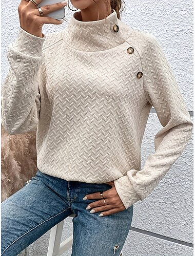  Damen Designer Sweatshirt Mode Modern Uni Arbeit Rollkragen Knöpfe Langarm Khaki Frühling Herbst Winter