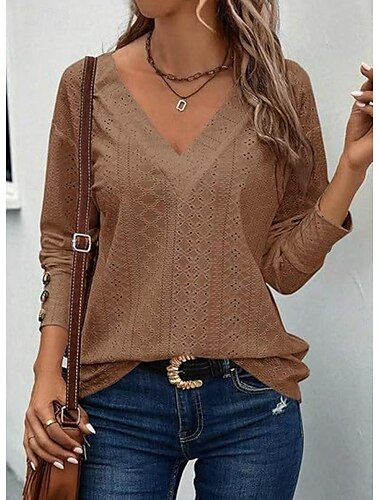  Damenbluse elegant stylisch modern ausgehöhlt Langarm normale Oberteile V-Ausschnitt Arbeit Alltag schwarz weiß rosa braun Frühling Herbst Winter