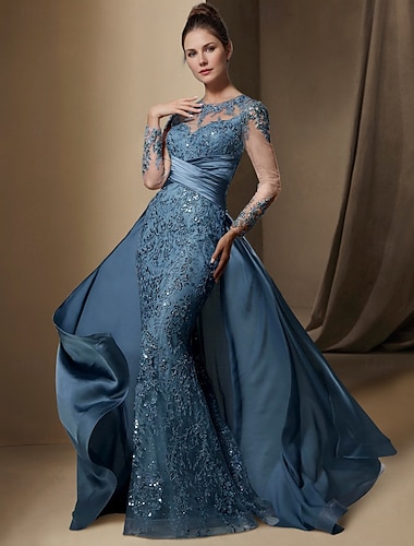  Meerjungfrau Weihnachtskleid Mutter der Braut Kleid Hochzeitsgast Eleganter Juwel-Ausschnitt Schleppe Bogen Schleppe Stretch-Satin Lange Ärmel mit Spitze Pailletten Raffung Kleid zum Beeindrucken 2025