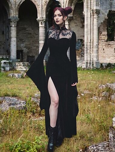  Punk & Gothic Sexy Kostüm Kleid Cosplay Kostüm Schlitzkleider Glockenärmel Hexe Morticia Addams Spitze Damen Fantasie Walpurgisnacht Halloween Karneval Maskerade Party / Abend Club Erwachsene Kleid