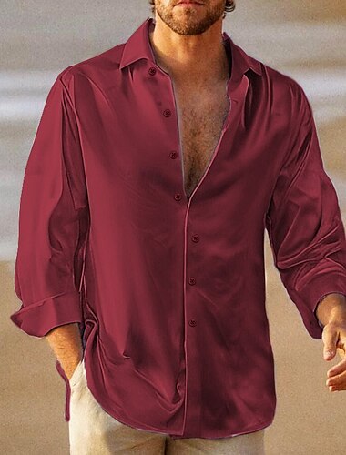  Hombre Camisa Camisa de verano Ropa de playa Abotonar la camisa Camisa casual Camisa de satén de seda Negro Vino Azul Verde Trébol Manga Larga Plano Cuello Vuelto Diario Vacaciones Ropa Moda Casual