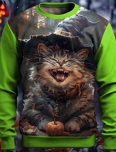  Kot Dynia Męskie Moda Druk 3D Bluza dresowa Impreza Halloween Święto Halloween Z kapturem Czarny Pomarańczowy Długi rękaw Półgolf Druk 3D Jesień Zima Projektant Bluza z kapturem