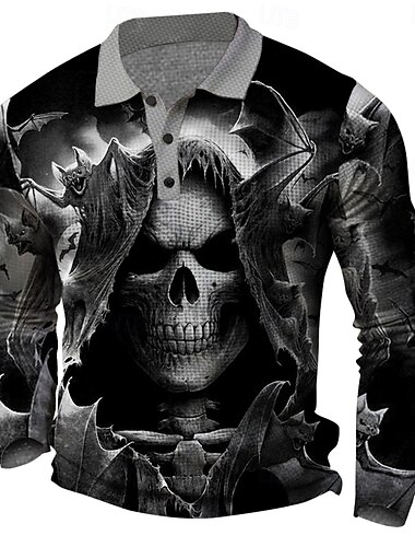 Halloween Totenkopf Motiv Grusel Herren Poloshirt Golfpolo Langarm Partyabend Frühling Herbst Winter Taste 3D-Druck Kragen Schwarz Blau Unelastisch Polyester