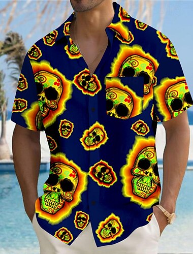  Herren Totenkopf Motiv Strandhemd Hawaiihemd Sommerhemd Knopfhemd Kurze Ärmel Hemd Hemden mit Kragen Hawaiianisch Urlaub Täglich Rote Fuchsie Grün S M L