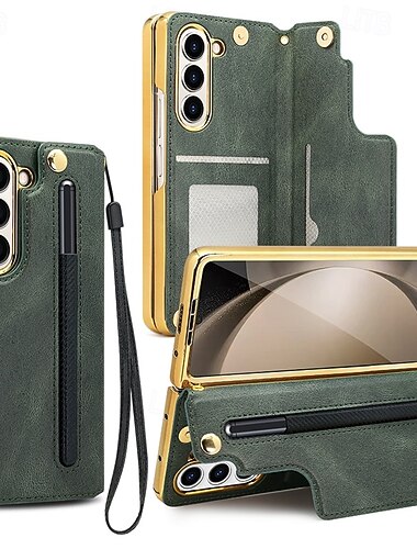  puhelin Etui Käyttötarkoitus Samsung Galaxy Z Taita 6 Z Fold 5 Z Fold 4 Takakuori Tuella ja näytönsuoja rannehihnalla Retro TPU PU-nahka