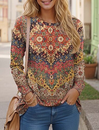  Damen T Shirt Pflanzen Lässig Langarm Rundhals Normale Oberteile Täglich Druck Weiß Marineblau Blau Staubiges Blau Braun Frühling Herbst