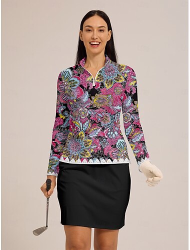  Damen poloshirt Hellgelb Blau Langarm Shirt Blumen Damen-Golfkleidung, Kleidung, Outfits, Kleidung