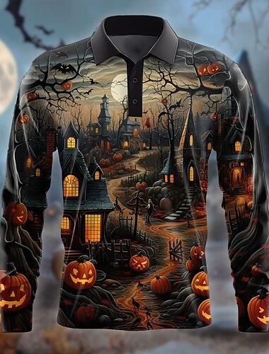  Halloween Kürbis Grusel Herren Poloshirt Golfpolo Kurzarm Partyabend Sommer Taste 3D-Druck Kragen Schwarz Mikro-elastisch Polyester Milchfieber