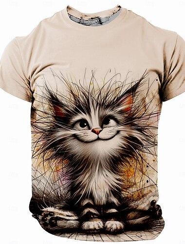  Herren Katze Lustig T Shirt Kurzarm T-Shirt 3D-Druck Rundhalsausschnitt Hemd Retro Vintage Brautkleider schlicht Strasse Casual Bar Hellblau Weiß Khaki Frühling Sommer Bekleidung S M L XL XXL XXXL