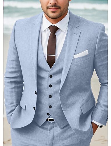  Costumes en lin pour hommes mariages bleu ciel beige été couleur unie ajustement ajusté 3 pièces à simple boutonnage deux boutons