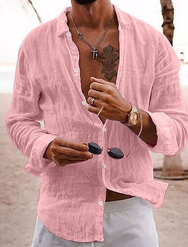  Herren Leinenhemd Freizeithemd Strandhemd Knopfhemd Hemden zum Herausstecken Einfach Urlaub Kreuzfahrt Schwarz Weiß Rosa Marineblau Langarm Revers Frühling & Sommer Bekleidung Basic