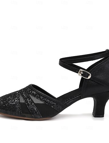  Schwarze Glitzer-Tanzschuhe für Damen – Latin-Tanzschuhe mit Riemchenabsatz für Salsa, Tango und Auftritte