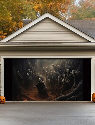  Halloween-Türdekorationen für draußen, Halloween-Garagentorabdeckung, Friedhof, gruseliges, düsteres Banner, großer Wandteppich, Hintergrunddekoration für den Urlaub, Garagentor für draußen,