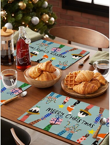  Juego de 4 manteles individuales navideños de algodón y lino para decoración de mesa de invierno, fiestas, cocinas, comedores, etc., de temporada, para exteriores, interiores y exteriores, 30 x 45 cm
