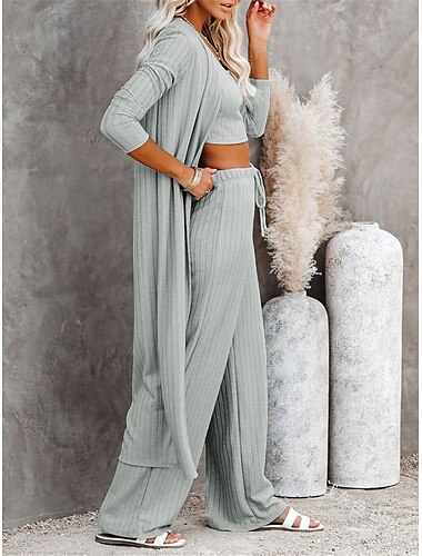  3-teiliges Loungewear-Set für Damen in reinen Farben, modisch, bequem, für den Alltag, Strick, atmungsaktiv, Rundhalsausschnitt, langärmelig, Pullover, Hose, elastische Taille,
