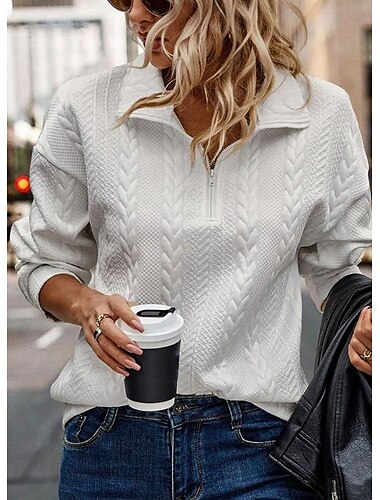  Damen Pullover elegant Vintage Mode schlicht Arbeit Street Alltagskleidung hoher Hals Reißverschluss lockere Passform Langarm schwarz hellgrau Herbst Winter