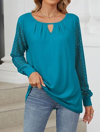  Damenbluse Viskose elegant stylisch modern einfarbig Netz rückenfrei Patchwork Langarm Rundhalsausschnitt Alltag schwarz weiß rosa blau Frühling Herbst Winter