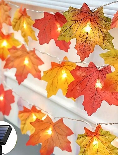  Solarbetriebene künstliche Ahornblatt-Girlande, Lichterkette, 6,5 m, 30 LEDs, Erntedankfest, Halloween, Herbstblätter-Dekoration, Außen-/Innenbereich, Garten, Terrasse, Kamin für stimmungsvolle