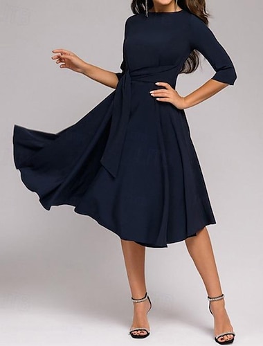  Dames Feestjurk strik voorkant Omgord Strakke ronde hals 3/4 mouw Halflange jurk Bruiloft gast Cocktailparty Elegant Klassiek Marineblauw Beige Lente
