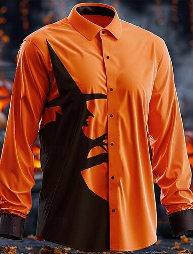  Halloween Strega Scuro Per uomo Camicia con bottoni Manica lunga Da sera Autunno Inverno Primavera estate Colletto Stampa 3D Sottile Arancione Raso