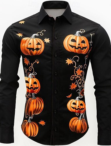  Halloween Zucca Smorfia Informale Per uomo Camicia con bottoni Manica lunga Da sera Autunno Inverno Primavera estate Collo ripiegabile Colletto Abbottonare Stampa 3D Sottile Arancione Poliestere
