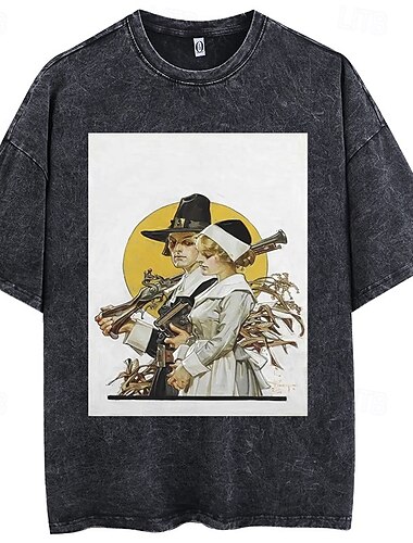  Vintage-Illustration T-Shirt-Ärmel Übergroßes Acid Washed T-Shirt Bedruckt Grafik Für Paar Herren Damen Erwachsene Säurewäsche Casual