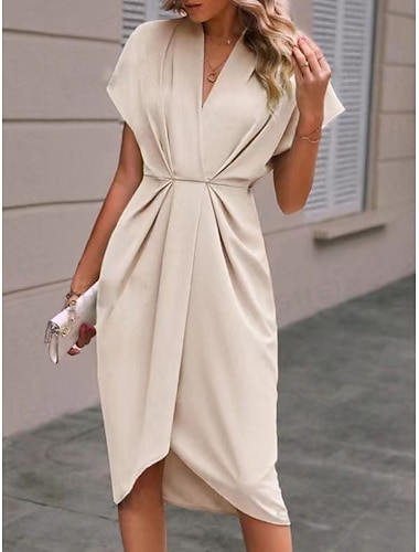  Damen Casual kleid Midikleid Rüschen Verabredung Urlaub Strassenmode Basic V Ausschnitt Kurzarm Schwarz Rosa Dunkelgrün Farbe