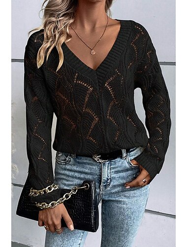  Damen Pullover Stilvoll Feste Farbe V Ausschnitt Ausgehöhlt Langarm Normale Oberteile Stricken Arbeit Schwarz Grün Herbst Winter