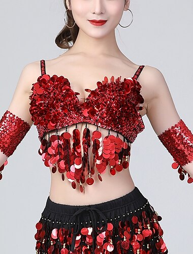  Bauchtanz BH Quaste Pure Farbe Farbaufsatz Damen Leistung Ausbildung Ärmellos Hoch Polyester