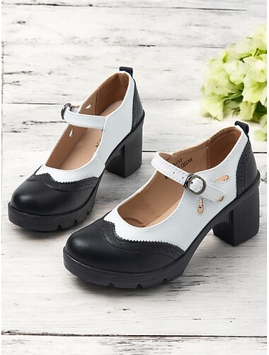  damskie buty vintage typu mary jane na grubym obcasie w kolorze czarno-białym - styl retro brogsów do biura i na co dzień
