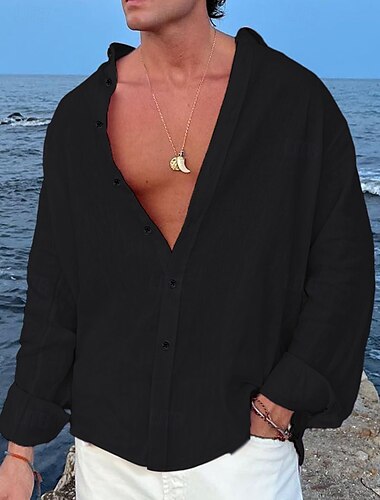  Herren Hemd leinenhemd Sommerhemd Strandbekleidung Knopfhemd Glatt Casual Täglich Schwarz Weiß Rosa Blau Langarm Kargen Frühling Sommer Bekleidung