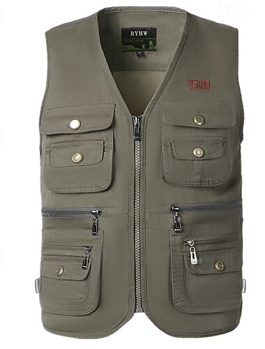  menns fiskevest turvest / jakke ermeløs yttertøy jakke reise cargo safari vest topp utendørs vindtette flerlommer hurtig tørk lett høst vår bomull hær grønn khaki jakt