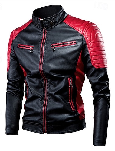  Voor heren Jas van imitatieleer Overgangsjack Bikerjack Race leren jack Vakantie Dagelijks Winddicht Houd Warm Lapwerk Herfst winter Kleurenblok Modieus Klassiek Opstaand Normaal Zwart Wit Rood Bruin