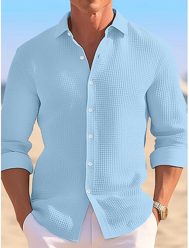  Voor heren Overhemd Wafel Shirt Zomer overhemd Normaal shirt Overhemd met knopen Overhemden zonder broek Zwart Wit khaki Licht Blauw Lange mouw Effen Revers Vakantie Dagelijks Kleding Katoen Modieus
