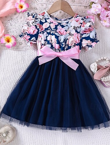  イースター 女子 3D フラワー ドレス 半袖 夏 バケーション 日常 祝日 プリンセス 美しい 甘い リトルキッズ(4〜7歳) 4～7歳 カジュアルドレス A ラインドレス チュールワンピース 膝丈 レギュラー
