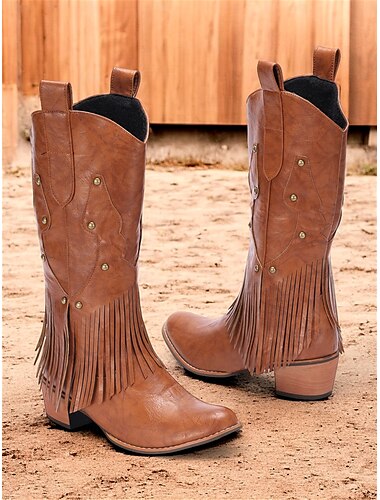 Femme Bottes Bottes Cow boy Rétro Extérieur Travail du quotidien Bottes genou Rivet Gland Talon Bottier Bout rond Elégant Rétro Vintage Polyuréthane Mocassins Marron
