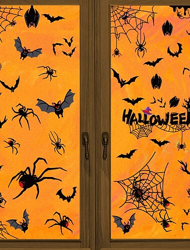  4 Sheets Halloween Window Cling Sticker Decals Decorations Double Side, Creative Spider Web Bat Static Stickers for Store Window Display and Halloween Decor