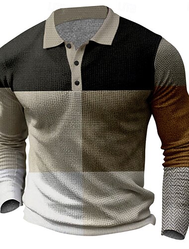  Herren Karomuster Golfshirt Langarm Polo-Shirts Hemden mit Kragen Vintage Lässig Urlaubskleidung Formelle Kleidung Festivalkleidung Knöpfe 3D-Druck Frühling Herbst Winter Dunkel Braun Schwarz Weiß