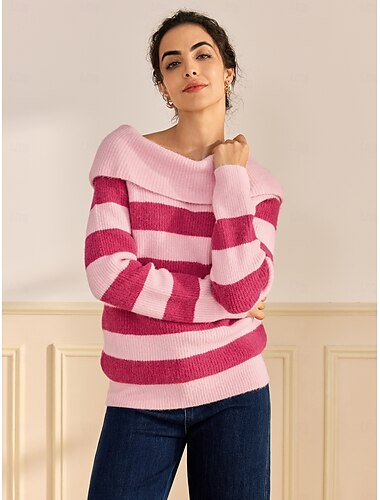  pull en laine mélangée côtelée à épaules dénudées automne / hiver décontracté rose rouge