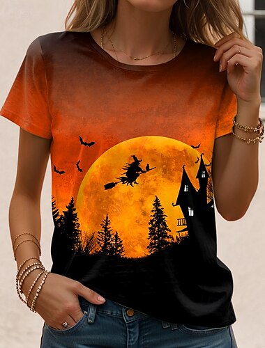  Halloween Női Póló Felső Nyomtatás Halloween Napi Kényelmes Rövid Ujjú Kerek Nyakú Roundszürke Nyár