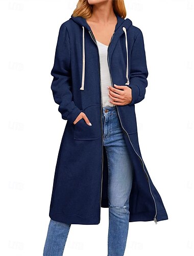  Damen Hoodie Jacke Outdoor Strasse Freizeitskleidung Herbst Winter Lang Mantel Regular Fit warm Atmungsaktiv Brautkleider schlicht Jacken Langarm Feste Farbe Mit Taschen Full Zip Schwarz Marineblau