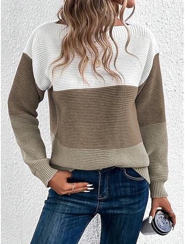  Damen Pullover Brautkleider schlicht Weich Farbblock Rundhalsausschnitt Patchwork Langarm Normale Oberteile Stricken Outdoor Täglich Rosa Blau Frühling Herbst