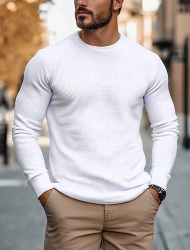  Herren Waffel T-Shirt T Shirt T-Shirt Langarmshirt Langarm Rundhalsausschnitt Frühling & Herbst Einfach Mode Designer Basic Urlaub Straße Ausgehen Armee-Grün Weiß Marineblau Top T-Shirt für Herren