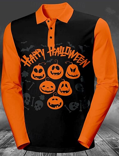  Halloween Kürbis Herren Poloshirt Golfpolo Langarm Partyabend Frühling Herbst Winter Taste 3D-Druck Kragen Orange Mikro-elastisch Polyester Milchfieber