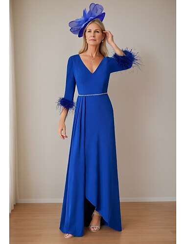  A-Linie Mutter der Braut Kleid Elegantes Einfach Hoch Niedrig Tiefer Ausschnitt Bodenlang Stretchstoff 3/4-langer Ärmel mit Federfalten 2025 kostenlose Maßanfertigung